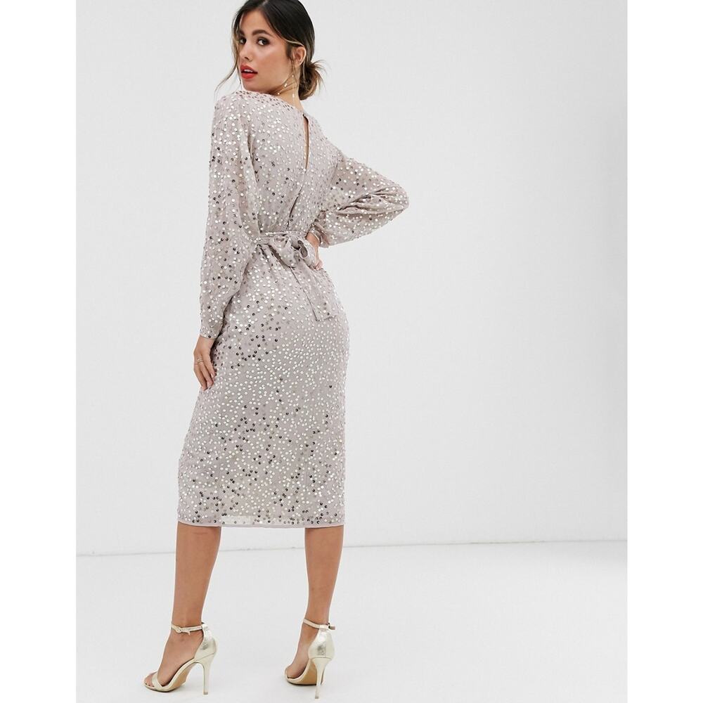 ASOS Design Nude Sequin Midi Dress Batwing Sleeve Front Slit Plunging Neck SZ 12 - Picture 2 of 13